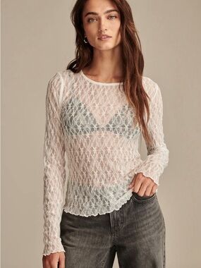 Boho Chic Sheer Diamond Lace Boat Neck Top - Cream/Off-White